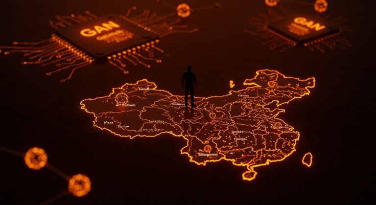 Mapa digital de China destacando control del galio con iconografía de semiconductores GaN y ecosistema startup tecnológico.