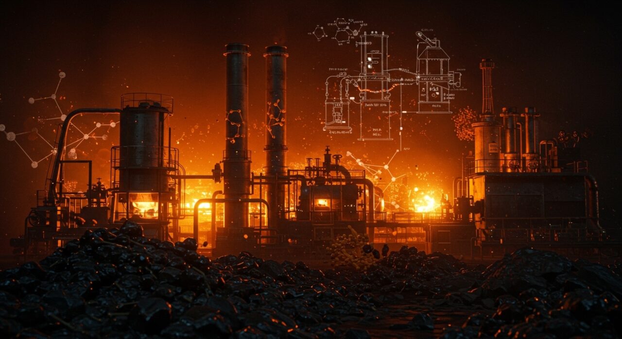 Fábrica futurista en China que convierte carbón en plástico usando tecnología Fischer-Tropsch, destacando impacto geopolítico y climático.