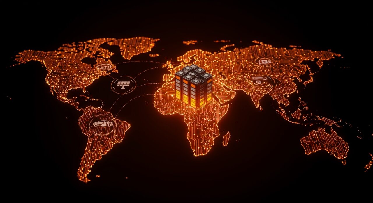 Mapa digital que destaca el dominio mundial de China en baterías y la geopolítica energética global en 2026.