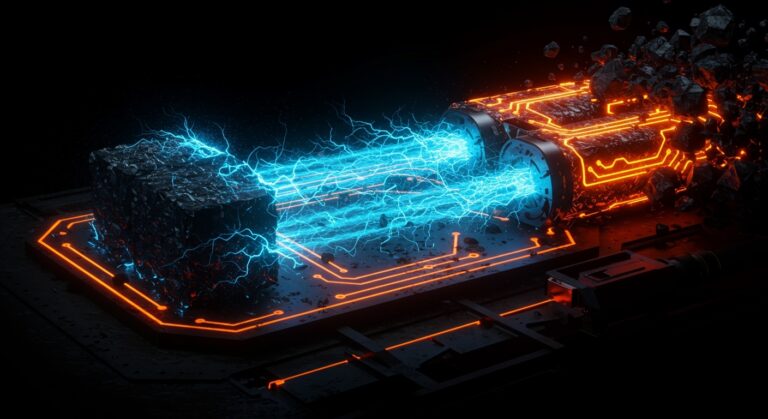 Visualización de pila de combustible de carbón china generando energía limpia sin emisiones, simbolizando avance en tecnología energética para neutralidad de carbono.