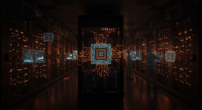 Centro de datos IA en Shenzhen con chips Huawei Ascend 910C destacando avances tecnológicos y desafíos de sanciones en semiconductores.