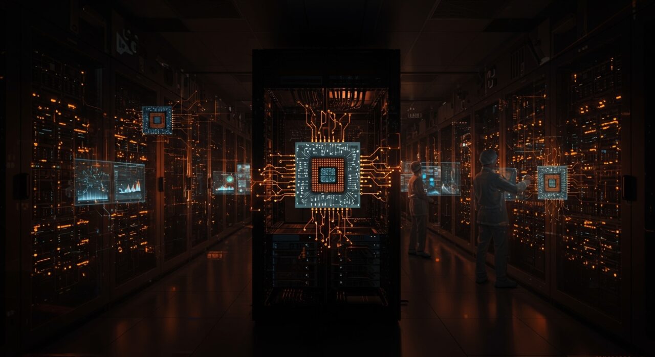 Centro de datos IA en Shenzhen con chips Huawei Ascend 910C destacando avances tecnológicos y desafíos de sanciones en semiconductores.