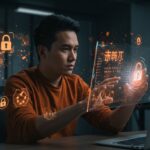 Founder hispano frente a pantallas holográficas analizando regulación IA China y campaña Qinglang contra deepfakes y fraude con inteligencia artificial.