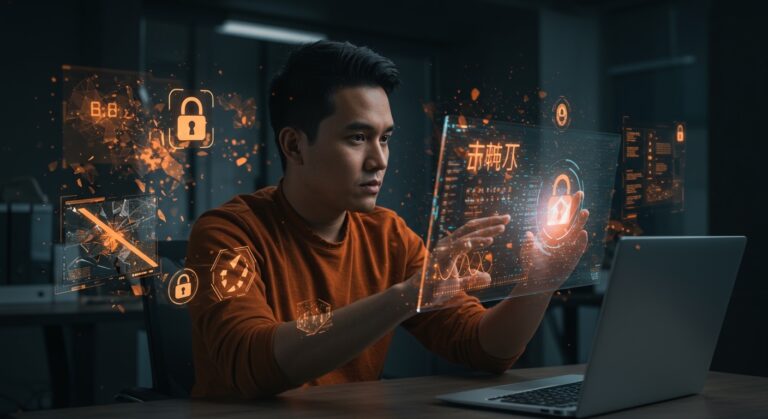 Founder hispano frente a pantallas holográficas analizando regulación IA China y campaña Qinglang contra deepfakes y fraude con inteligencia artificial.