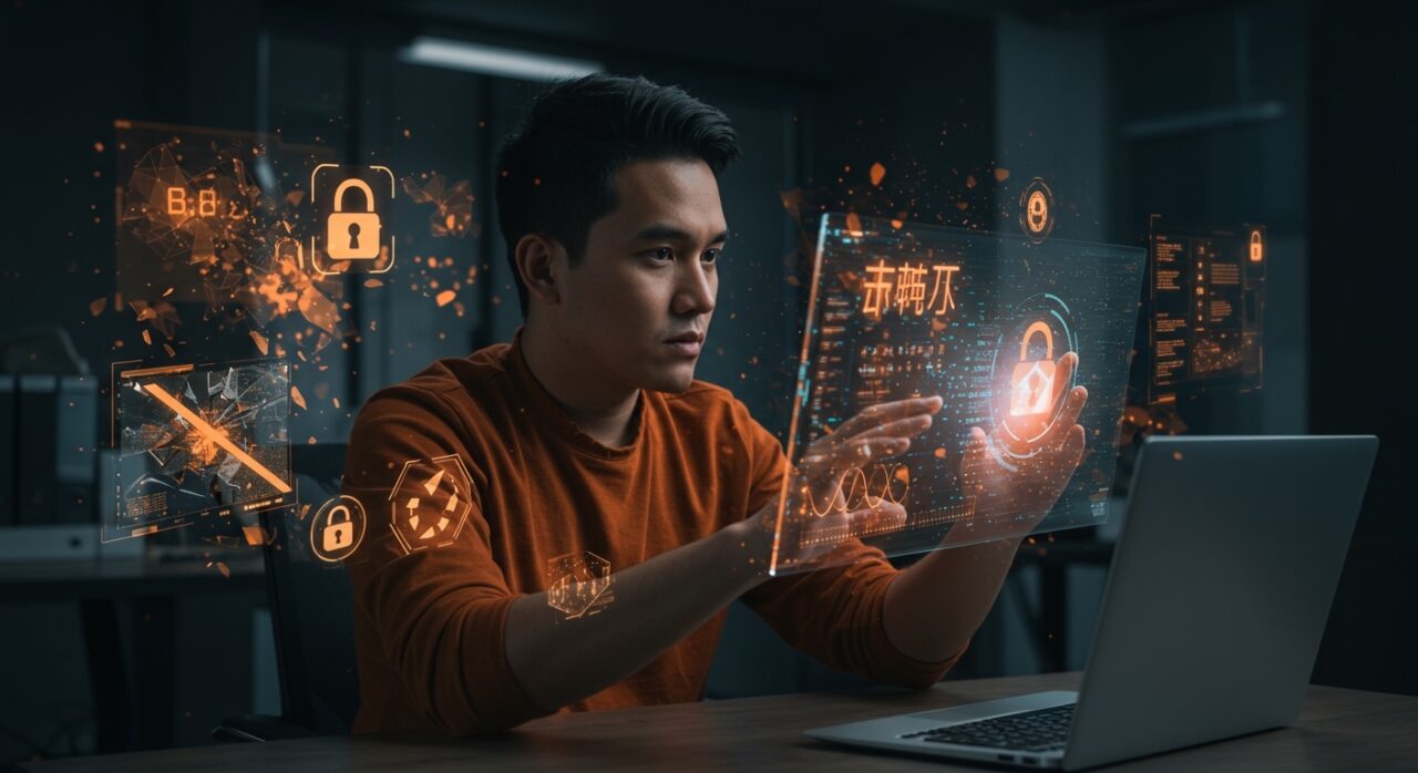 Founder hispano frente a pantallas holográficas analizando regulación IA China y campaña Qinglang contra deepfakes y fraude con inteligencia artificial.