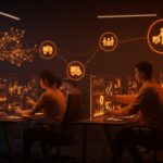Regulación de algoritmos para trabajadores gig en China representada con trabajadores y redes digitales en paleta naranja y negra para ecosistema startup.