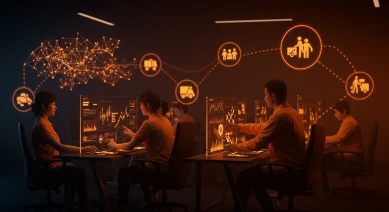 Regulación de algoritmos para trabajadores gig en China representada con trabajadores y redes digitales en paleta naranja y negra para ecosistema startup.