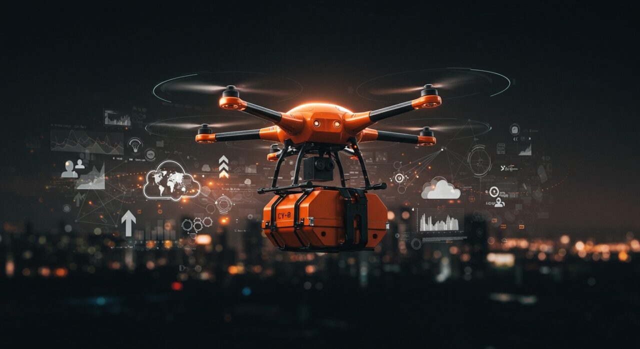 Dron autónomo CY-8 de China transportando carga pesada, simbolizando innovación y automatización en logística y transporte aéreo.