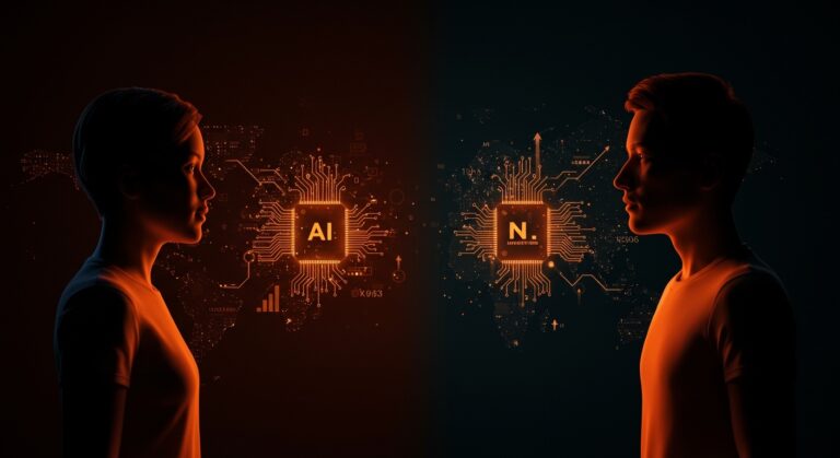 Competencia tecnológica entre China y Taiwán por talento en inteligencia artificial y semiconductores con elementos visuales de chips y redes neuronales.