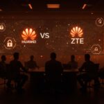 Imagen conceptual que representa las amenazas comerciales y de ciberseguridad entre China y la Unión Europea en el sector tecnológico con foco en Huawei, ZTE y startups.
