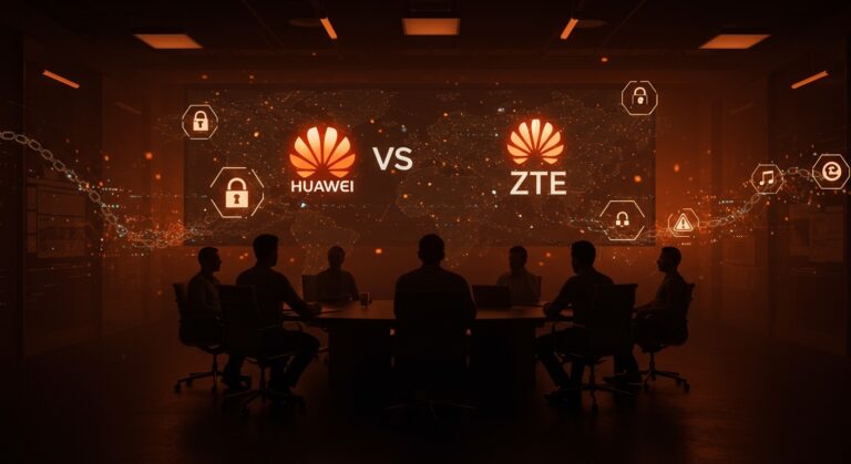 Imagen conceptual que representa las amenazas comerciales y de ciberseguridad entre China y la Unión Europea en el sector tecnológico con foco en Huawei, ZTE y startups.
