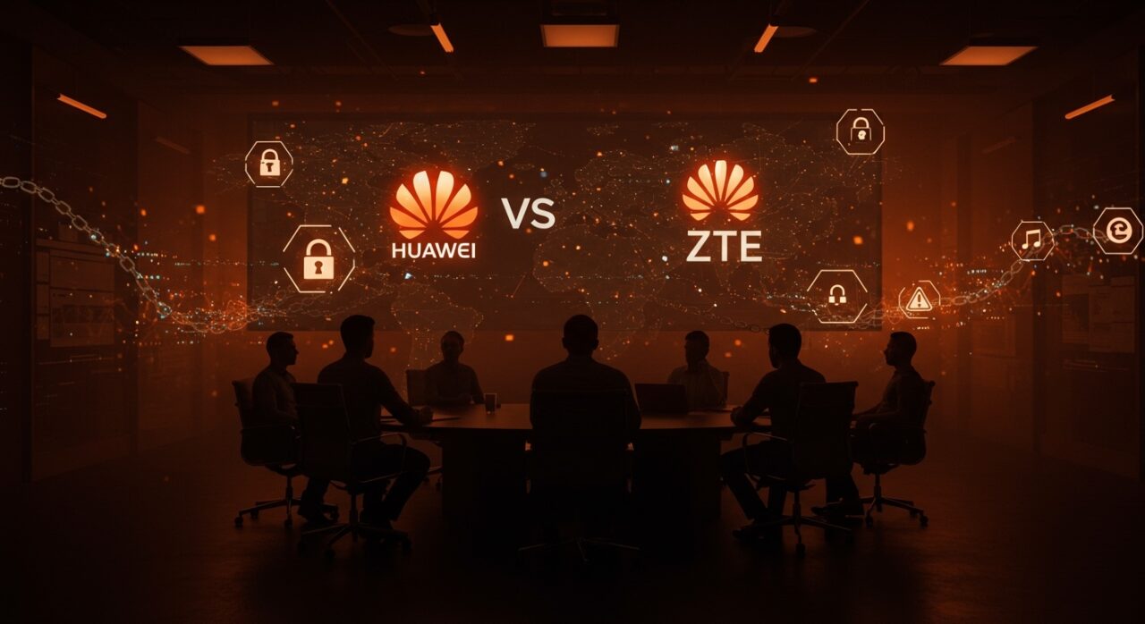 Imagen conceptual que representa las amenazas comerciales y de ciberseguridad entre China y la Unión Europea en el sector tecnológico con foco en Huawei, ZTE y startups.