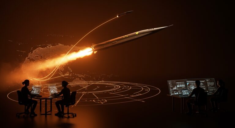 Imagen del misil hipersónico chino YJ-20 sobre la defensa naval Asia Pacífico, destacando la influencia en startups de tecnología dual-use y la carrera armamentística hipersónica.