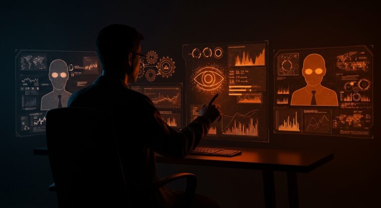 Analista de la CIA colaborando con AI coworkers en plataformas de inteligencia, simbolizando la inteligencia artificial generativa en agencias de espionaje.