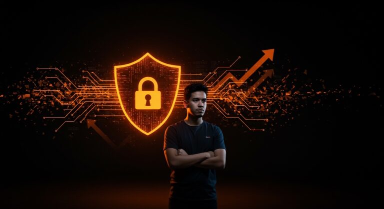 Founder hispanohablante protegido por un escudo digital de ciberseguridad que representa la inversión y retos tecnológicos en startups.