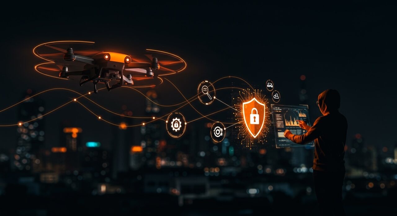 Drone y experto en ciberseguridad interactuando con datos digitales, representando innovación y tendencias clave para startups tech.