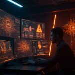 Fundador de startup hispano enfrentando ataques cibernéticos impulsados por inteligencia artificial en 2026, con alertas digitales y redes neuronales generativas.