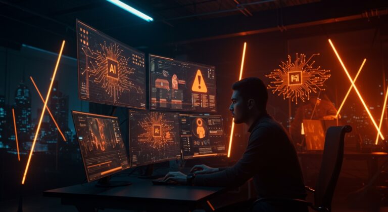 Fundador de startup hispano enfrentando ataques cibernéticos impulsados por inteligencia artificial en 2026, con alertas digitales y redes neuronales generativas.