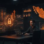 Fundador de startup analizando datos de ciberseguridad en México, ilustrando aumento de inversión y protección empresarial digital.