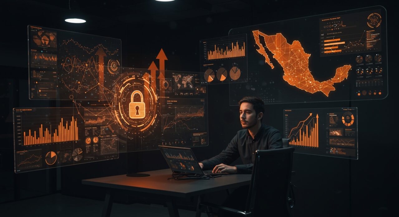Fundador de startup analizando datos de ciberseguridad en México, ilustrando aumento de inversión y protección empresarial digital.