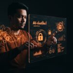 Founder interactuando con interfaz digital futurista que muestra ciberseguridad SaaS impulsada por inteligencia artificial y automatización, para startups.