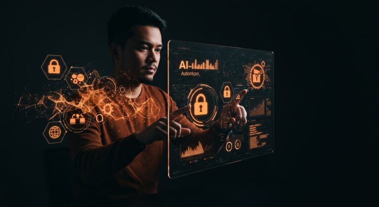 Founder interactuando con interfaz digital futurista que muestra ciberseguridad SaaS impulsada por inteligencia artificial y automatización, para startups.