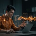 Fundador tech en startup SaaS utilizando IA para prevenir errores humanos y proteger la ciberseguridad empresarial.