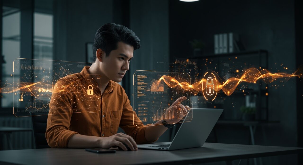 Fundador tech en startup SaaS utilizando IA para prevenir errores humanos y proteger la ciberseguridad empresarial.