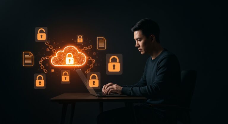 Emprendedor cifrando archivos en la nube para proteger datos y garantizar privacidad con cifrado cliente en startups de seguridad digital.