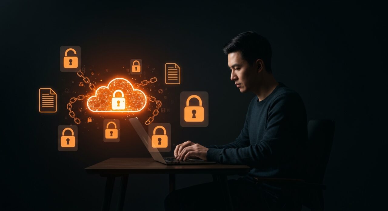 Emprendedor cifrando archivos en la nube para proteger datos y garantizar privacidad con cifrado cliente en startups de seguridad digital.