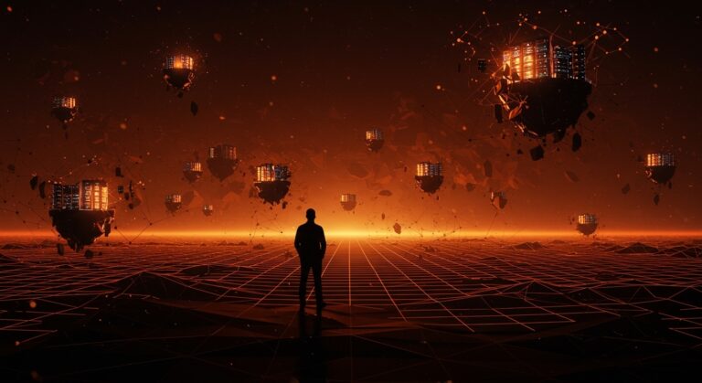 Chuck Robbins y la innovación en data centers e inteligencia artificial con infraestructura tecnológica avanzada en tonos naranja y negro.