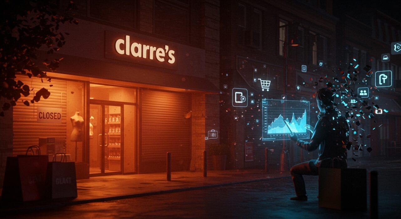 Escena editorial destacando el cierre de tiendas Claire's con un fundador analizando datos de retail y e-commerce en contexto de tendencias de consumo y quiebra retail.