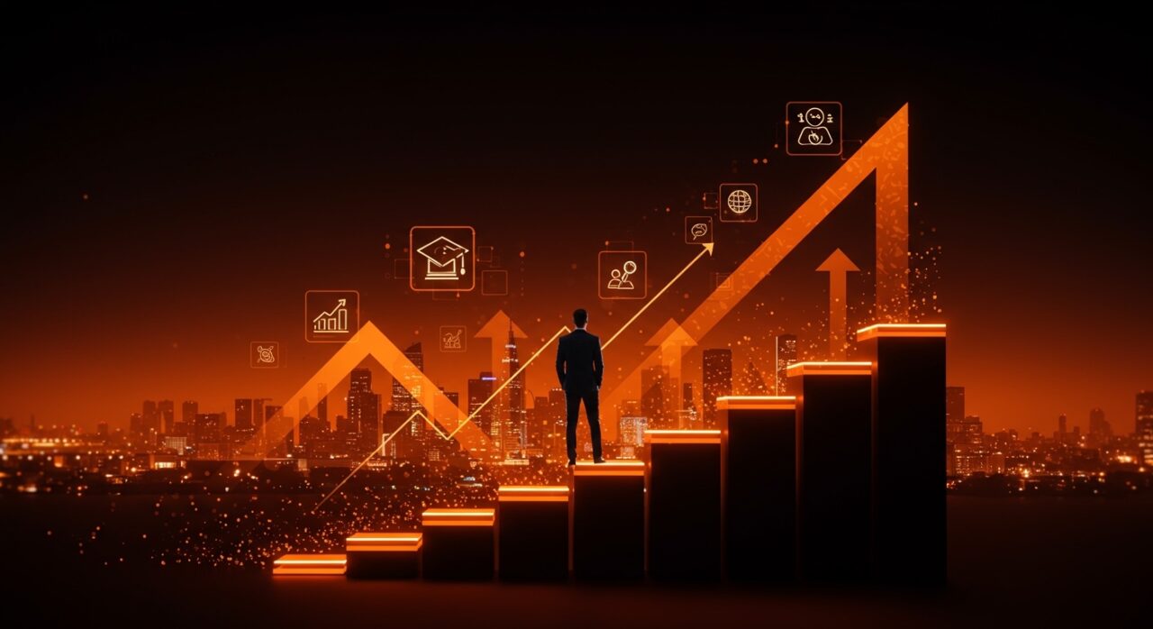 Representación visual de la clase media alta en EE. UU. con movilidad social y tendencias económicas impulsadas por tecnología y educación.