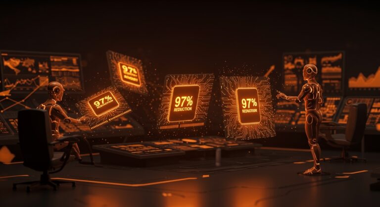 Claude Managed Agents con memoria IA avanzada mostrando reducción del 97% en errores en entorno futurista con tonos naranja y negro.