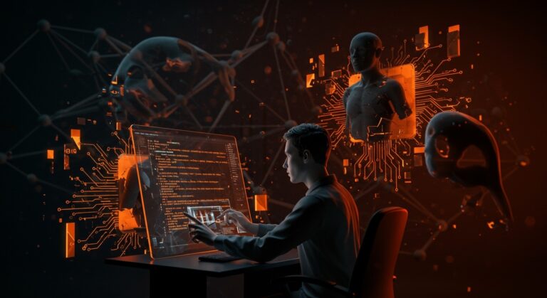 CTO analizando código filtrado de IA Claude Code con representaciones visuales de riesgos en agentes de inteligencia artificial y ciberseguridad.