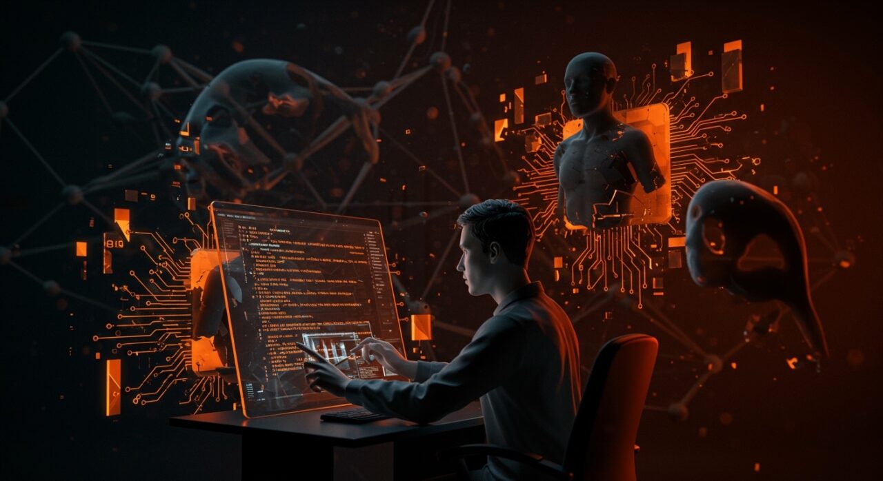 CTO analizando código filtrado de IA Claude Code con representaciones visuales de riesgos en agentes de inteligencia artificial y ciberseguridad.