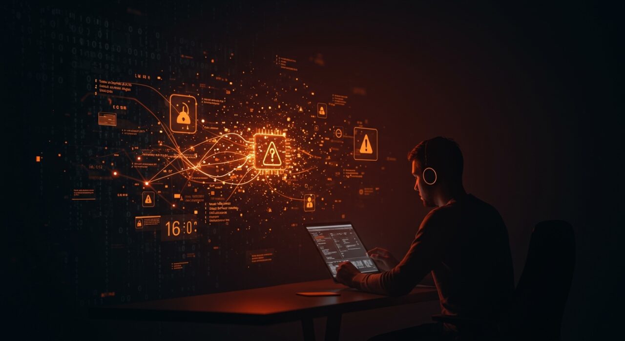 Líder de seguridad ante la filtración masiva del código de Claude Code en IA, con metáforas visuales de vulnerabilidades y protección informática.