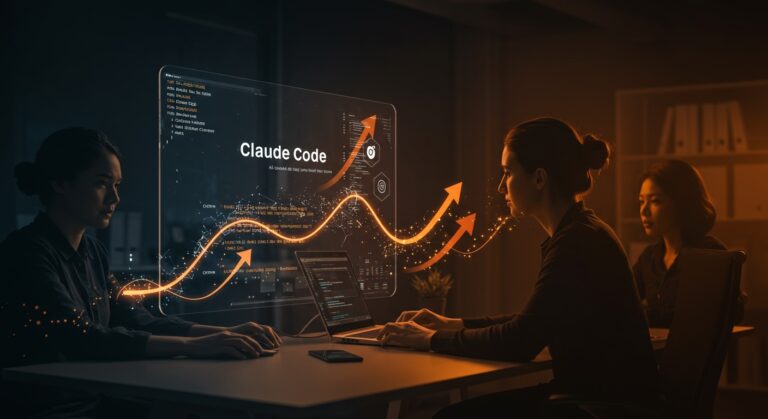 Equipo startup colaborando con Claude Code de Anthropic, simbolizando automatización ética y crecimiento acelerado en IA aplicada.