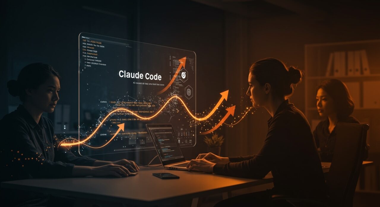 Equipo startup colaborando con Claude Code de Anthropic, simbolizando automatización ética y crecimiento acelerado en IA aplicada.