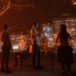 Fundadores de startups hispanos colaborando con interfaces holográficas de automatización usando Claude Code de Anthropic en entornos tecnológicos avanzados.