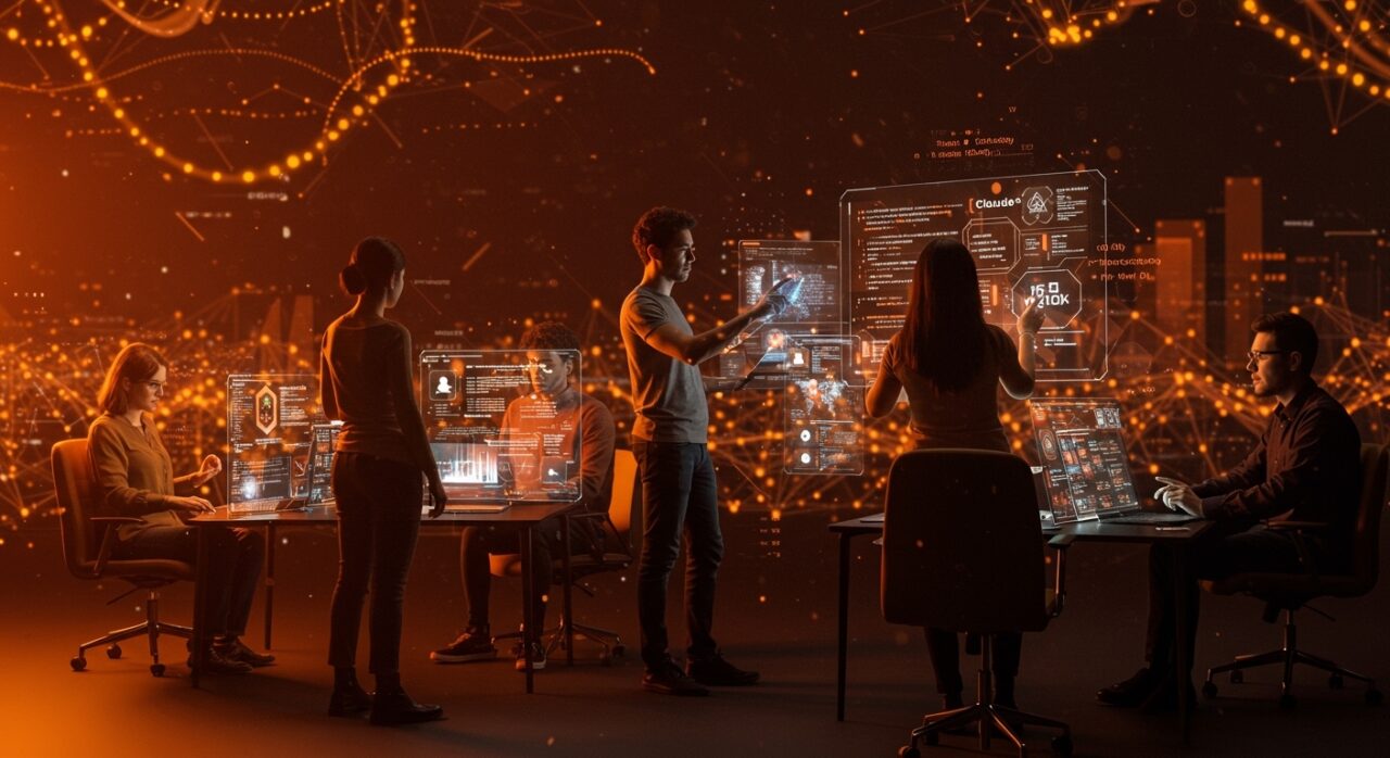 Fundadores de startups hispanos colaborando con interfaces holográficas de automatización usando Claude Code de Anthropic en entornos tecnológicos avanzados.