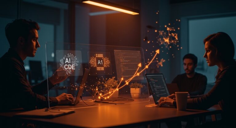 Equipo startup comparando alternativas de coding IA por menos de 50 dólares frente al plan Pro de Claude Code en un entorno tecnológico moderno.