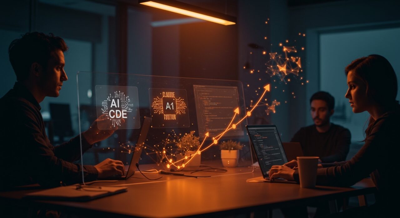 Equipo startup comparando alternativas de coding IA por menos de 50 dólares frente al plan Pro de Claude Code en un entorno tecnológico moderno.