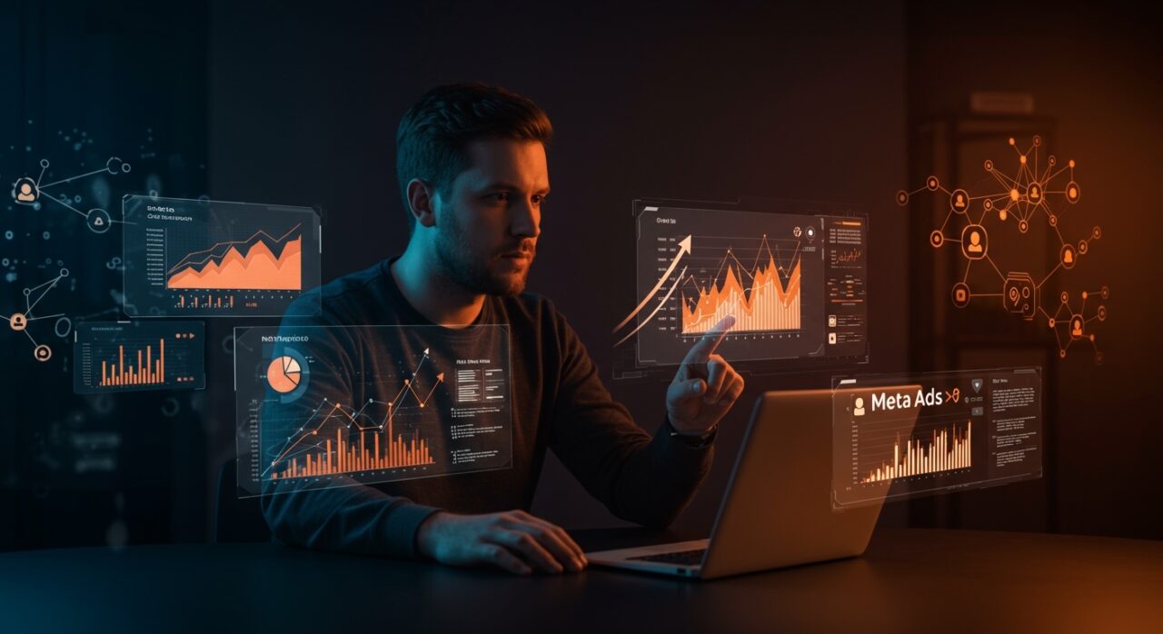 Founder utilizando inteligencia artificial para automatizar y optimizar campañas publicitarias Meta con Claude Code en growth marketing.