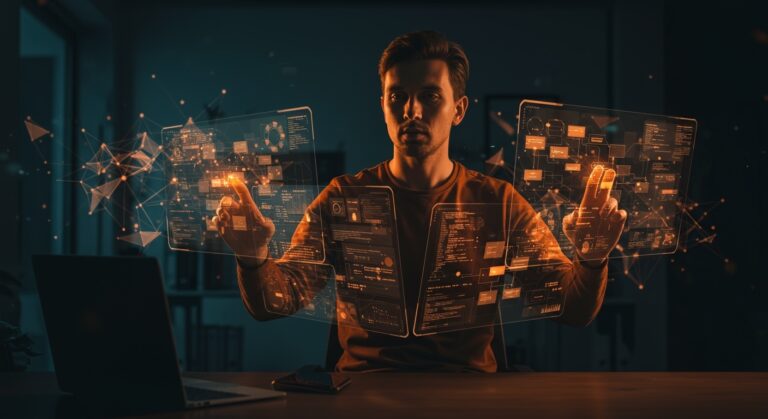 Fundador tech interactuando con interfaces de IA mostrando automatización y sistemas multi-agentes en startup tecnológica.