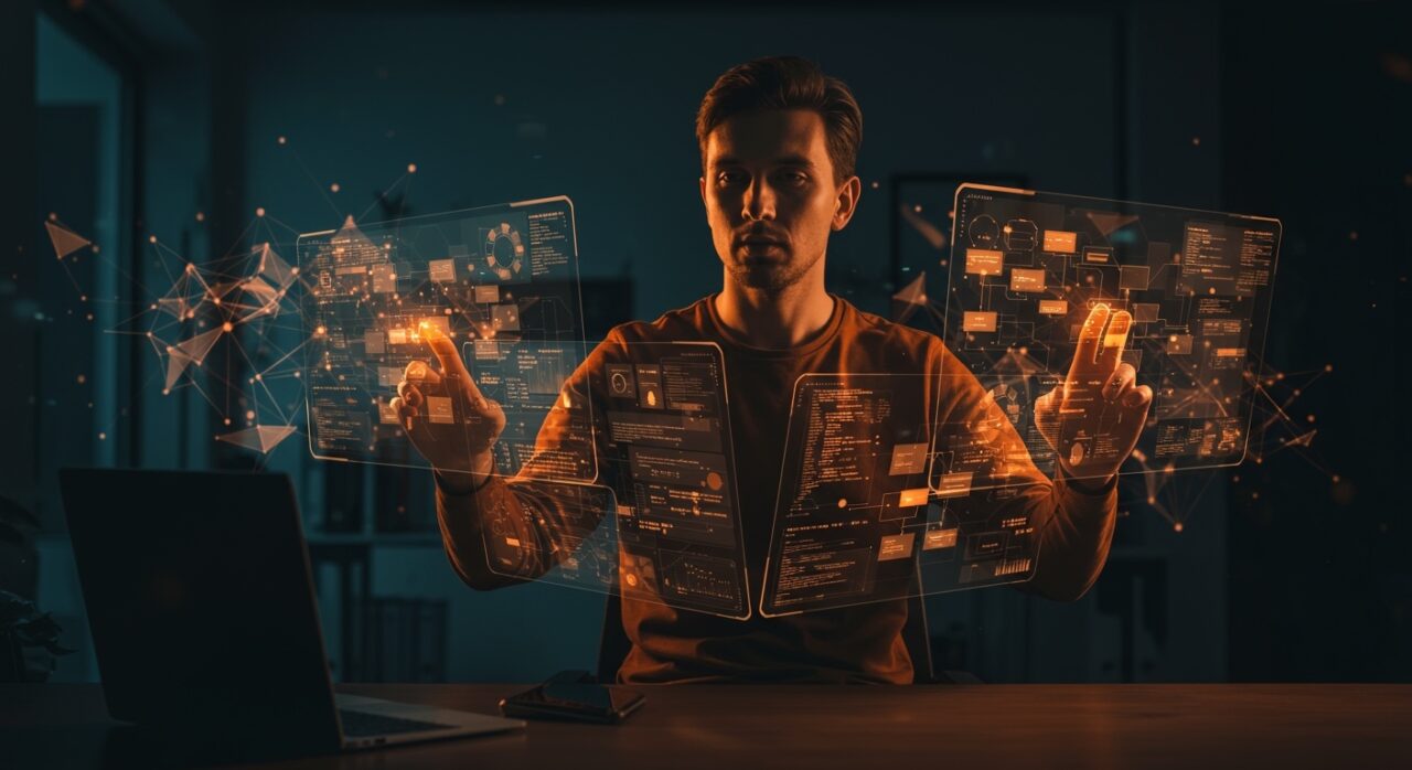 Fundador tech interactuando con interfaces de IA mostrando automatización y sistemas multi-agentes en startup tecnológica.