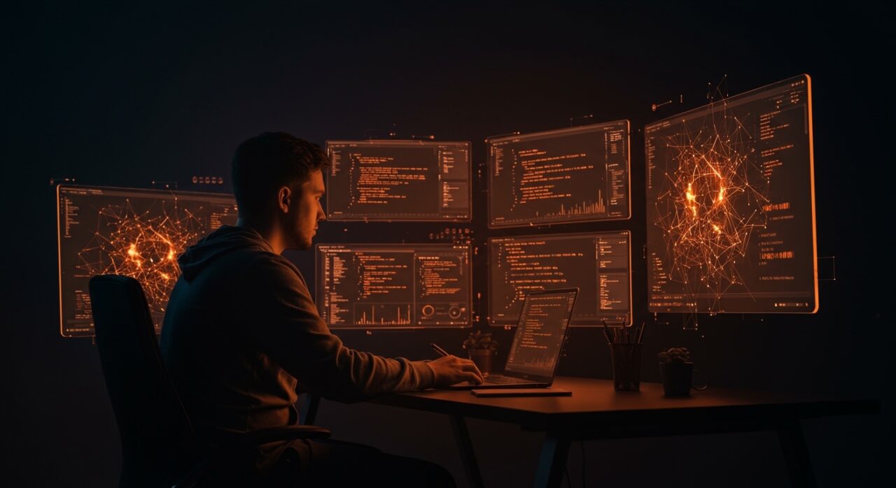 Fundador tecnológico trabajando con IA aplicada y automatización open source utilizando Claude Code para desarrollo de software innovador.