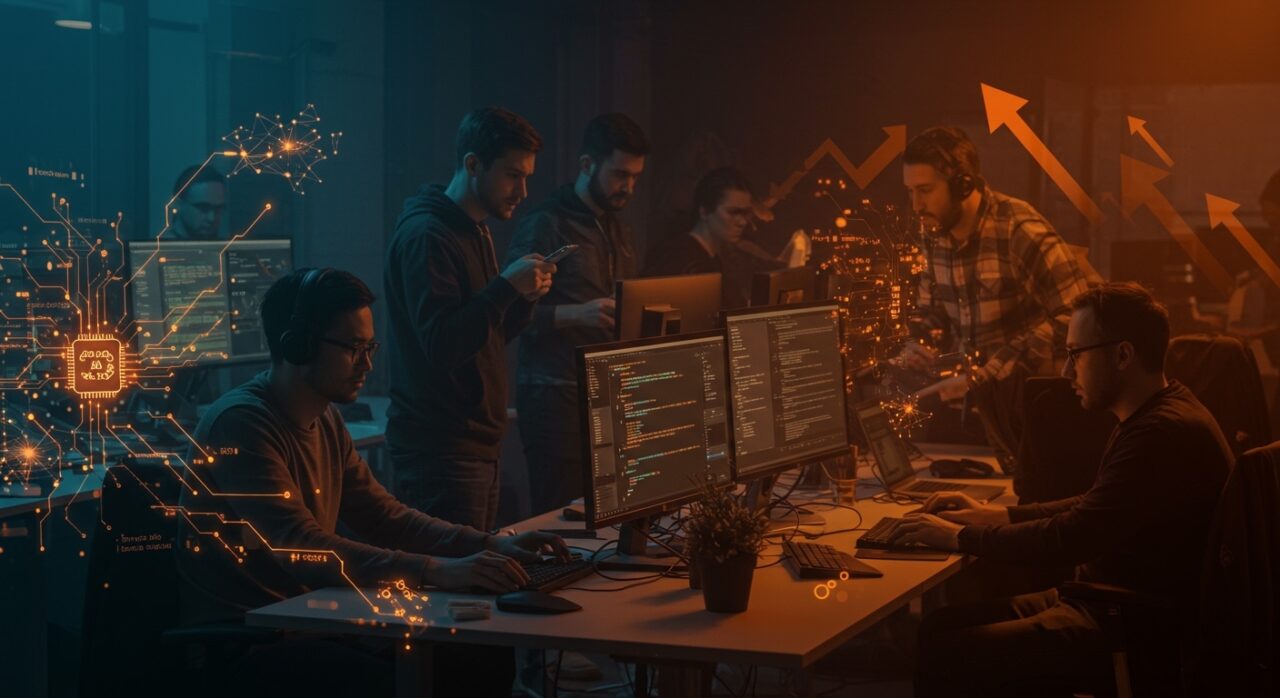 Equipos de startups usando herramientas de automatización con IA Claude Code de Anthropic para optimizar el desarrollo de software.