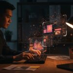 Diseñador usando interfaz holográfica de Claude Design para prototipado rápido con inteligencia artificial en entorno tecnológico startup.