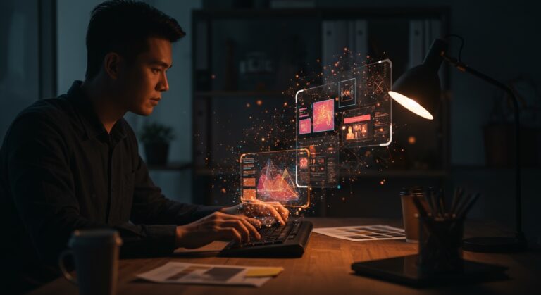 Diseñador usando interfaz holográfica de Claude Design para prototipado rápido con inteligencia artificial en entorno tecnológico startup.